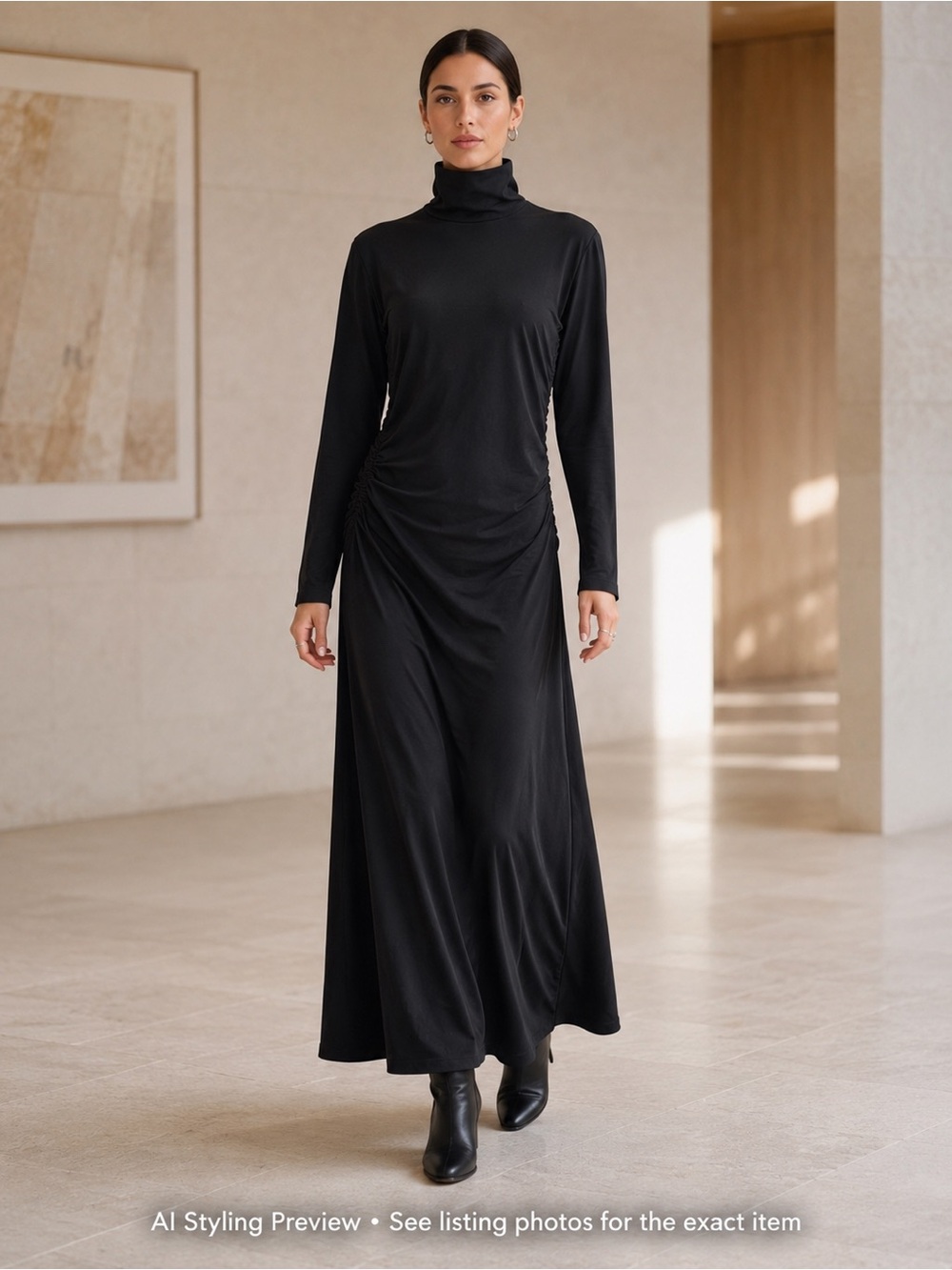 COS Black Ruched Turtleneck Maxi Dress Long Sleeve Minimalist S/M
